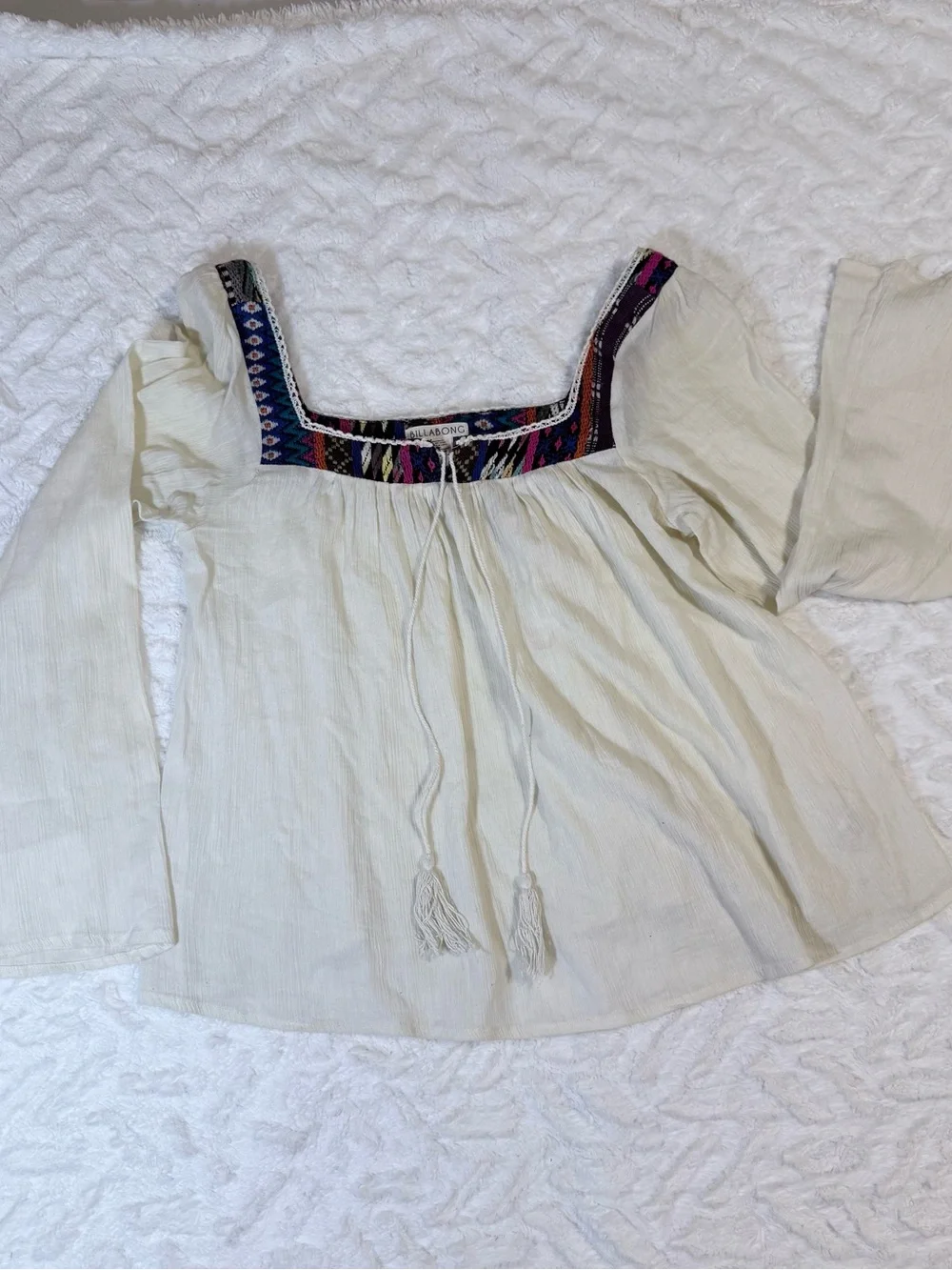 Billabong White Peasant Blouse with Multicolor Embroidered Square Neck- Size L - Picture 4 of 15